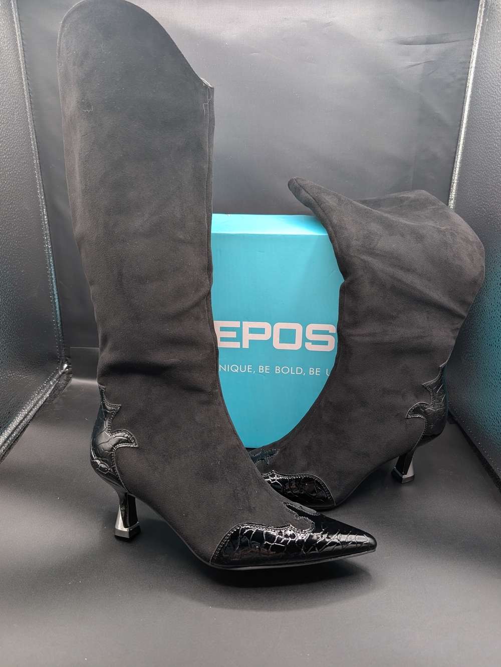 Black Suede Knee-High Pointed Toe Boots